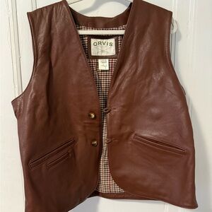 Orvis Brown Leather Vest with Plaid Lining
